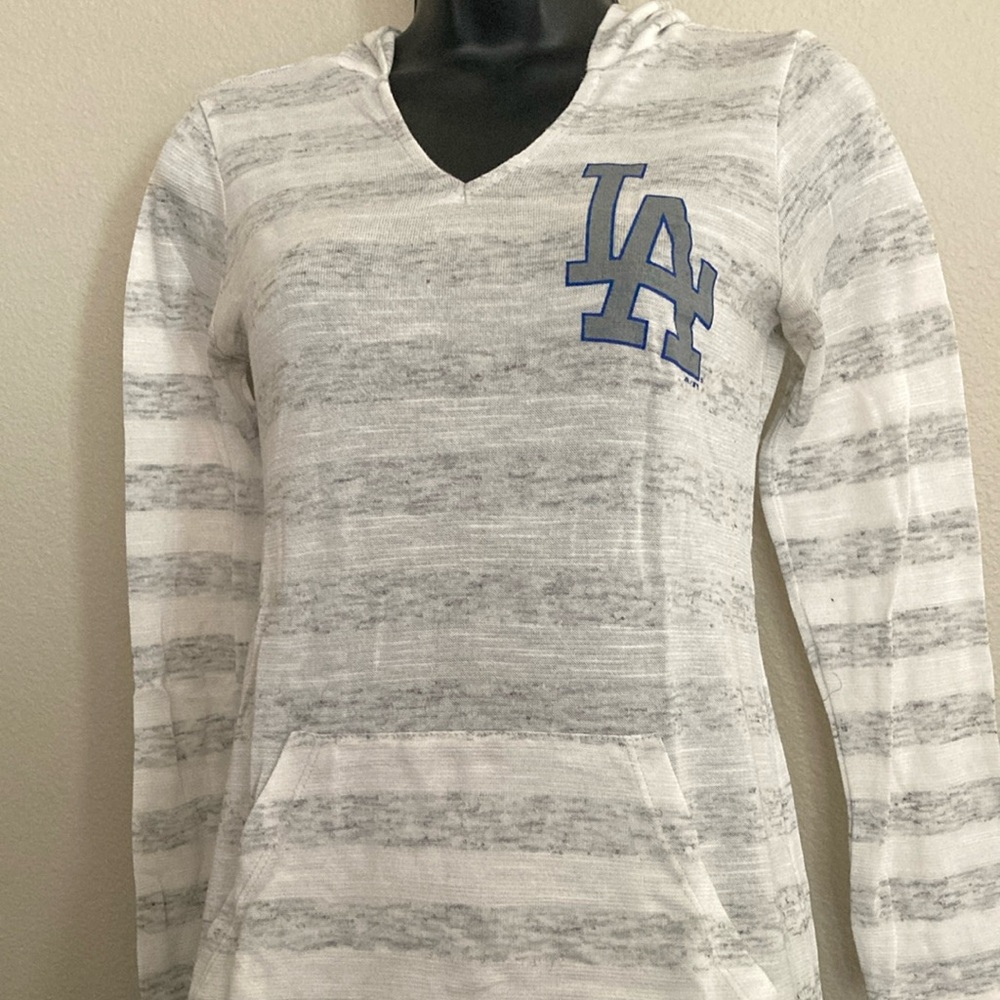 Women's Gray and White Hooded Dodgers Top
